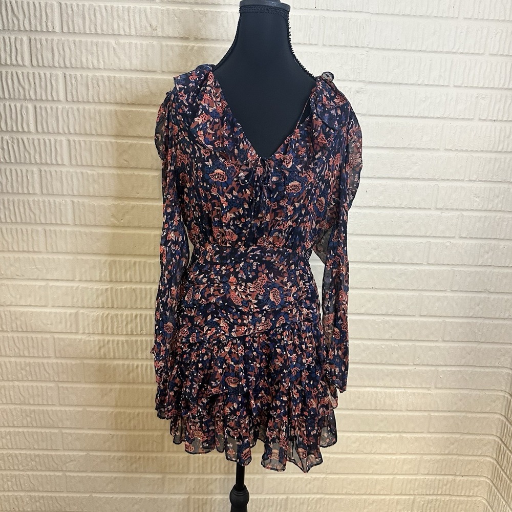 ULLA JOHNSON Cecily Ruffle Long Sleeve Metallic Silk Minidress In Cosmos Size 4